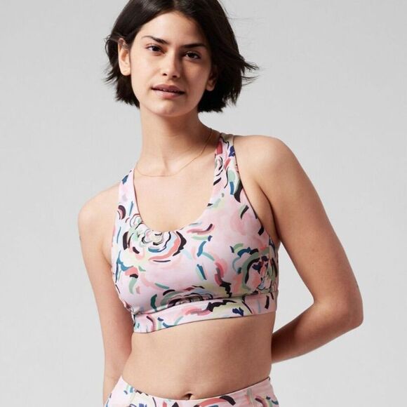 Athleta Ultimate Printed Sports Bra Pink Floral Racerback Workout Women sz Small - Picture 1 of 9
